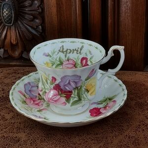 Royal Albert April Teacup and Saucer with Pink and Yellow Floral Design